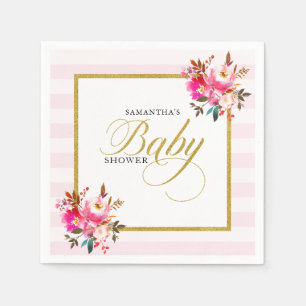 Rosa und goldener Glitzer Elegante Blumen Baby Dus Serviette