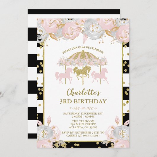 Rosa und goldener Glitzer Karousel Geburtstag Einl Einladung (Vorne/Hinten)