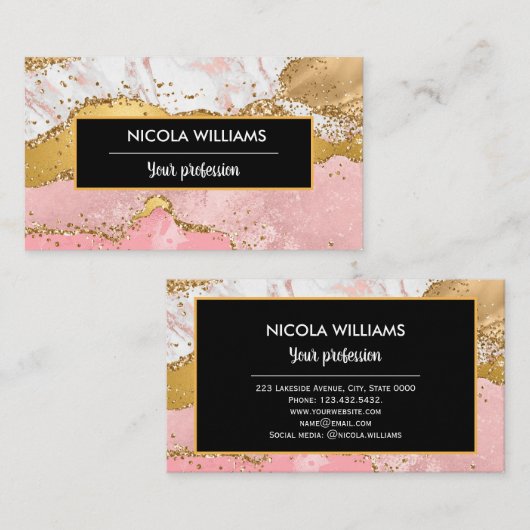 Rosa und goldener Glitzer Marmorschlauch Visitenkarte (Vorne/Hinten)
