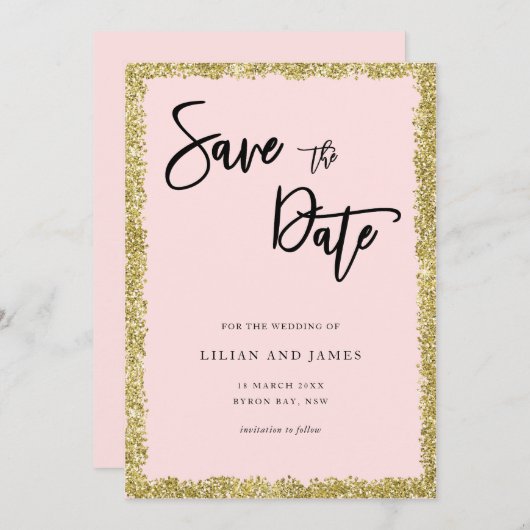 Rosa und goldener Glitzer Save the Date Einladung (Vorne/Hinten)