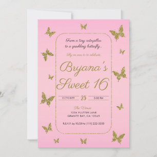 Rosa und goldener Glitzer Schmetterling Sweet 16 P Einladung
