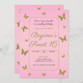 Rosa und goldener Glitzer Schmetterling Sweet 16 P Einladung (Vorne/Hinten)