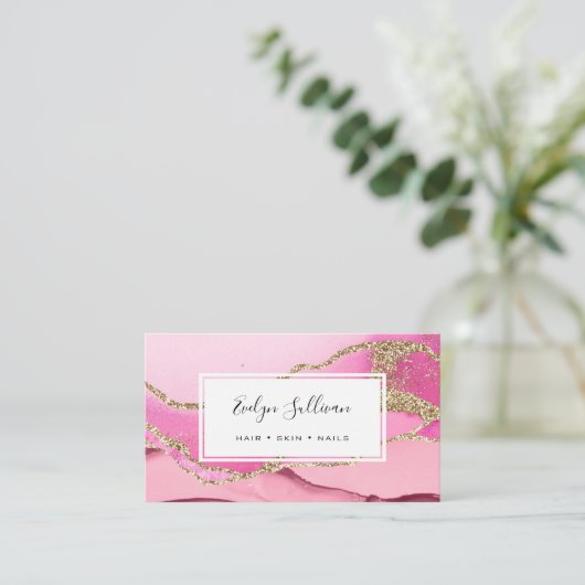 Rosa und goldener Glitzer Visitenkarte (Stehend Vorderseite)