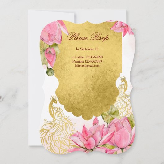 Rosa und goldener Pfauenlotus Indische Hochzeit Einladung (Rückseite)