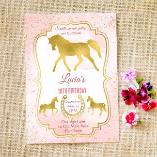 Rosa und goldener Pferdsattel zum Geburtstag lädt Einladung
