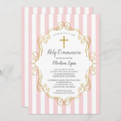 Rosa und goldener Rahmen Erste heilige Kommune Einladung (Vorne/Hinten)