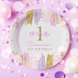 Rosa und goldener Regenbogen 1. Geburtstag Party Pappteller<br><div class="desc">Rosa und goldfarbener Regenbogen 1. Geburtstag Party Papier Teller Alle Design © PIXELPERFECTIONPARTYLTD</div>