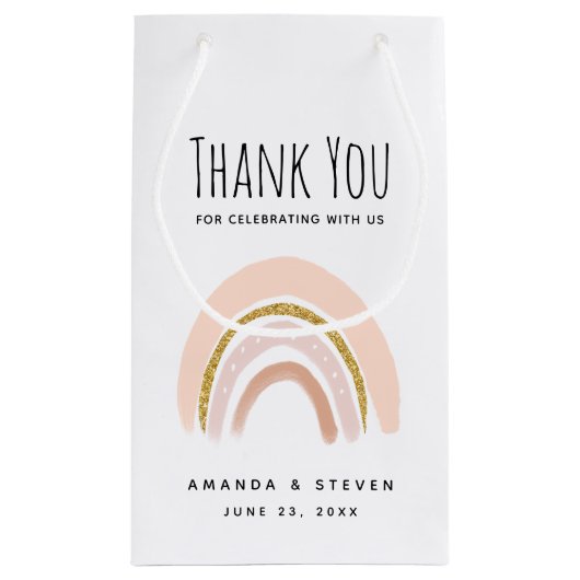 Rosa und goldener Regenbogen Elegant Boho Hochzeit Kleine Geschenktüte (Rückseite)