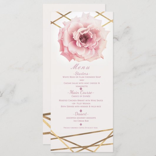 Rosa und goldenes Blumenmotiv Brautparty Party Men Menükarte (Vorne/Hinten)