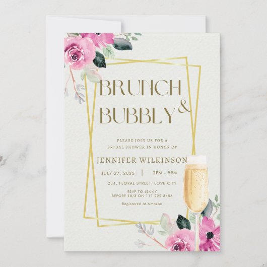 Rosa und goldenes Brunch & Bubbly Brautparty Einladung (Vorderseite)