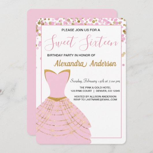 Rosa und goldenes Foil Dress Sweet 16 Birthday Einladung (Vorne/Hinten)