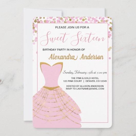 Rosa und goldenes Foil Dress Sweet 16 Birthday Einladung (Vorderseite)