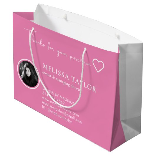 Rosa und goldenes Foto Holografisch mit Monogramm Große Geschenktüte (Rückseite Schrägansicht)