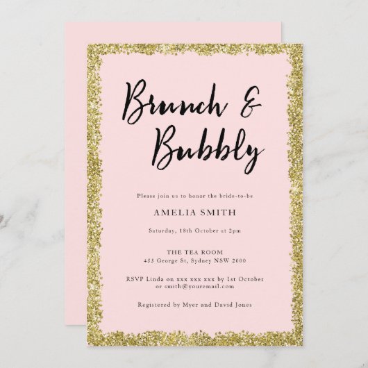 Rosa und goldenes Glitzer Brautparty Party Einladung (Vorne/Hinten)