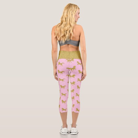 Rosa und goldenes Glitzer Einhorn Capri Leggings (Rückseite)