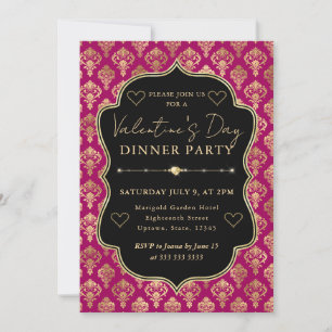 Rosa und goldenes Herz-Damaskus Valentinstag-Dinne Einladung