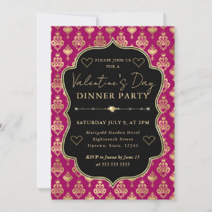 Rosa und goldenes Herz-Damaskus Valentinstag-Dinne Einladung