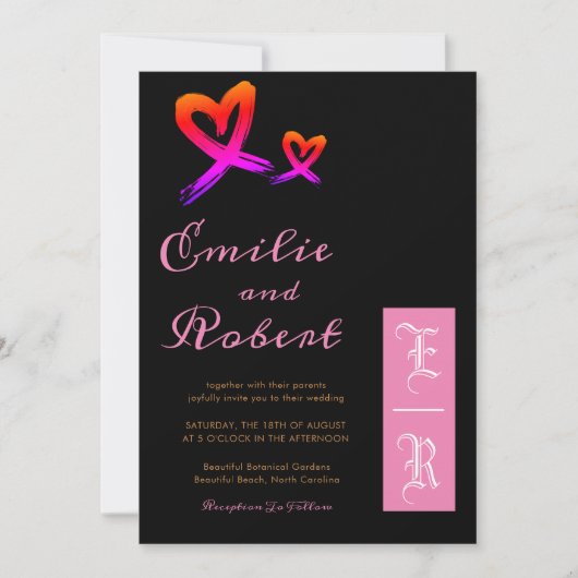 Rosa und goldenes Herz Monogram Hochzeit Einladung (Vorderseite)