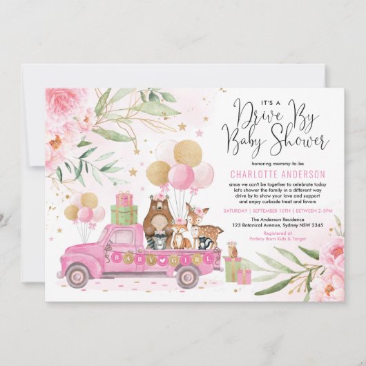 Rosa und goldenes Holzlaufwerk durch Babydusche Einladung (Vorderseite)