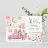 Rosa und goldenes Holzlaufwerk durch Babydusche Einladung (Stehend Vorderseite)