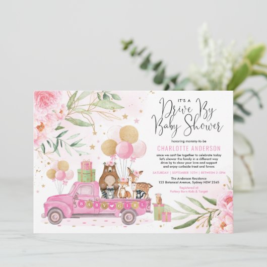 Rosa und goldenes Holzlaufwerk durch Babydusche Einladung (Stehend Vorderseite)