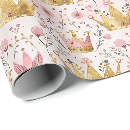Rosa und goldenes Kronenmuster Geschenkpapier (Rolleneckpunkt)