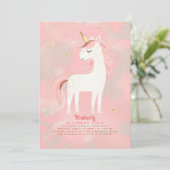 Rosa und goldenes Minimalistisches Einhorn zum Geb Einladung (Stehend Vorderseite)