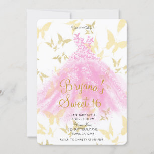 Rosa und goldenes Schmetterlingskleid Sweet 16 Par Einladung
