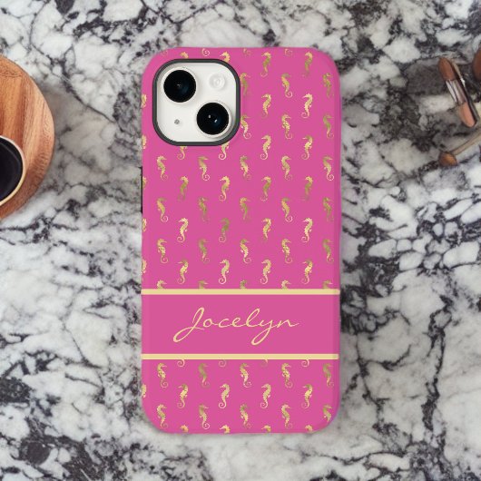 Rosa und goldenes Seepferd Muster mit Monogramm Case-Mate iPhone Hülle