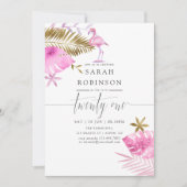 Rosa und goldenes tropisches Flamingo 21. Geburtst Einladung (Vorderseite)