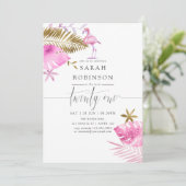 Rosa und goldenes tropisches Flamingo 21. Geburtst Einladung (Stehend Vorderseite)