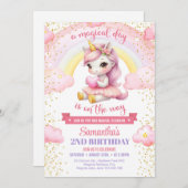 Rosa und goldenes Tutu-Einhorn mit Herz 1. Geburts Einladung (Vorne/Hinten)