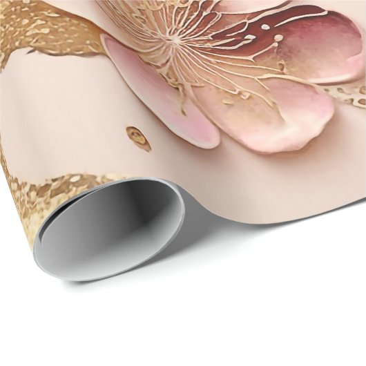 Rosa und goldfarbene Blumen Elegante Minimalistisc Geschenkpapier (Rolleneckpunkt)