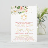 Rosa und goldfarbene Flora Bat Mitzvah Einladung (Stehend Vorderseite)