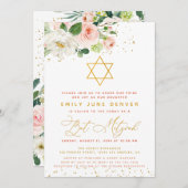 Rosa und goldfarbene Flora Bat Mitzvah Einladung (Vorne/Hinten)