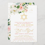 Rosa und goldfarbene Flora Bat Mitzvah Einladung<br><div class="desc">Laden Sie Familie und Freunde mit dieser anpassbaren rosa und goldene Aquarell Bat Mitzvah Einladung. Das Design besticht durch die floralen Aquarellbilder mit goldenen Punkten und einem Stern von David. Diese blumenreiche Einladung ist perfekt für einen Mädelsbiss eines Mädchens. Matching-Elemente sind verfügbar.</div>