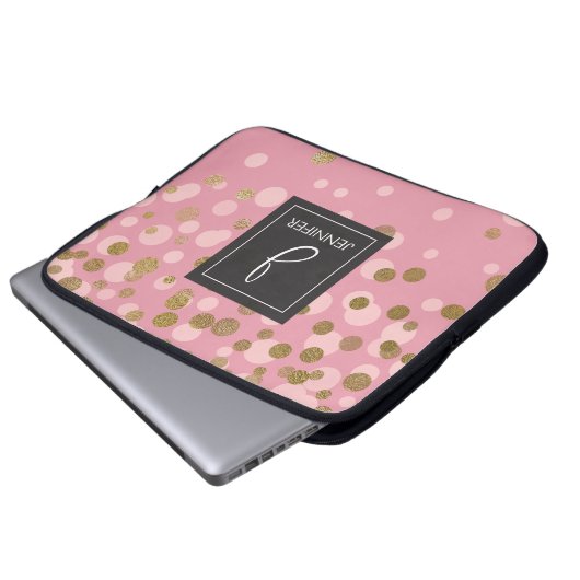 Rosa und goldfarbene Foil Confetti Elegantes Monog Laptopschutzhülle (Vorne Knopf)
