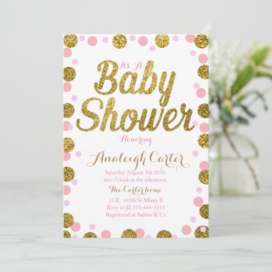 Rosa und goldfarbene Glitzer Babydusche Einladung (Stehend Vorderseite)