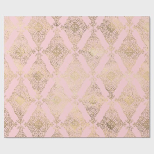 Rosa und goldfarbene Pariser Fossilien Damask Gemu Geschenkpapier (Flach)