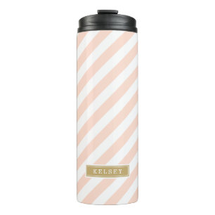 Rosa und goldfarbene Preppy-Streifen Monogramm Thermosbecher