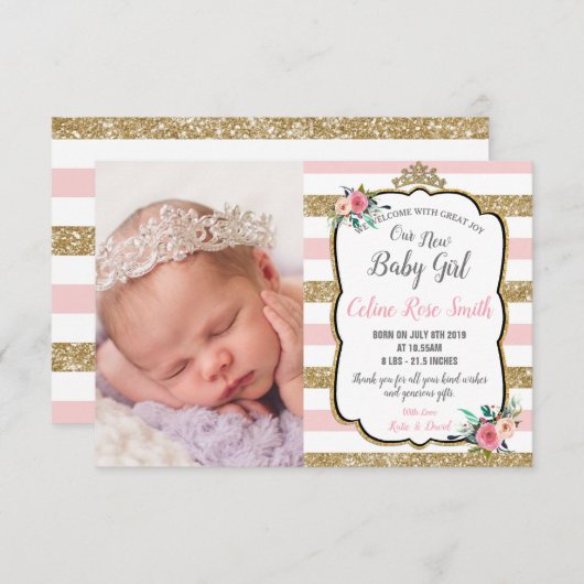 Rosa und goldfarbene Prinzessin Baby Girl Birth Ankündigung (Vorne/Hinten)