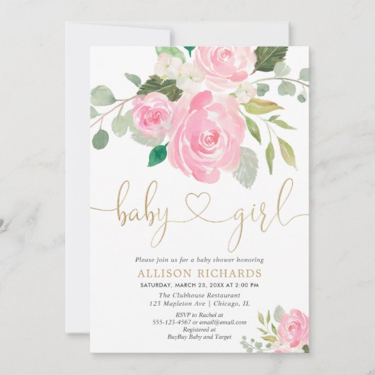 Rosa und goldfarbene Rose Blumen-Girl-Dusche Einladung (Vorderseite)