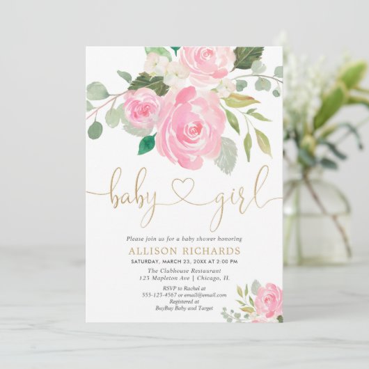 Rosa und goldfarbene Rose Blumen-Girl-Dusche Einladung (Stehend Vorderseite)