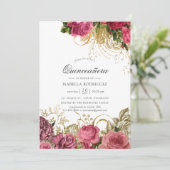 Rosa und goldfarbene Vintage Quinceñera Einladung (Stehend Vorderseite)