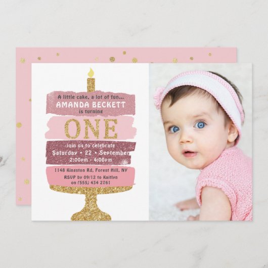 Rosa und goldfarbener Glitzer Cake Foto 1. Geburts Einladung (Vorne/Hinten)