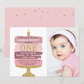 Rosa und goldfarbener Glitzer Cake Foto 1. Geburts Einladung
