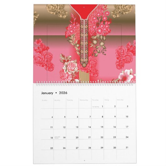 rosa und goldfarbener Hintergrund mit roter Farbe Kalender (Jan 2026)