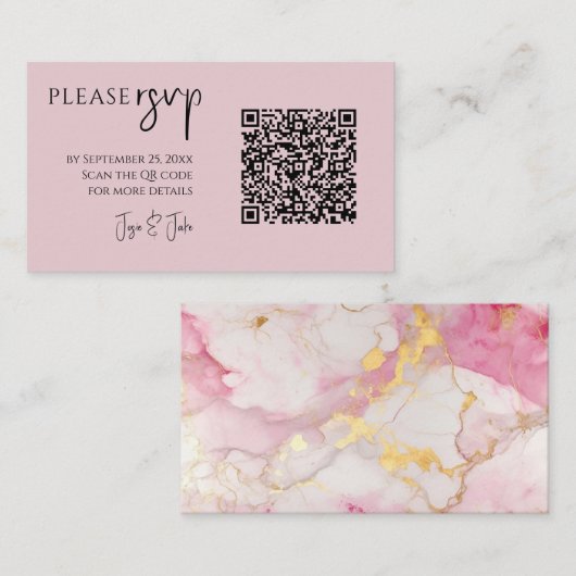 Rosa und goldfarbener Marmor QR-Code für Hochzeite Begleitkarte (Vorne/Hinten)