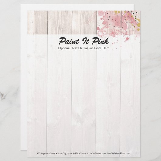 Rosa und goldfarbener Spritzer auf rustikalem Holz Briefbogen (Vorne/Hinten)