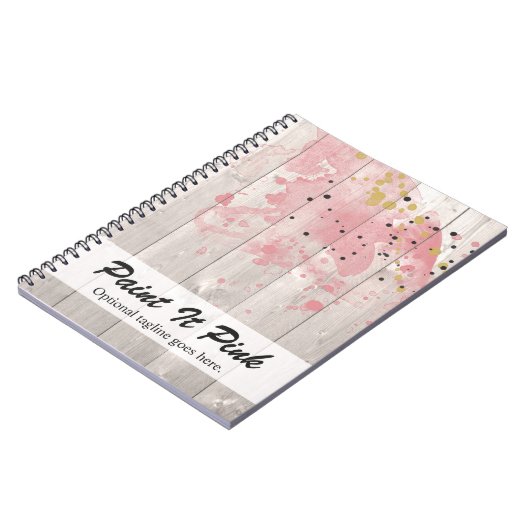 Rosa und goldfarbener Spritzer auf rustikalem Holz Notizblock (Linke Seite)